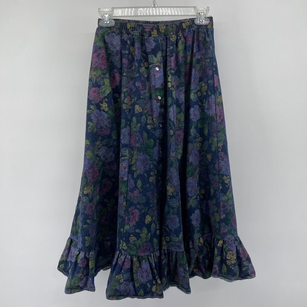 VTG Rockmount Western Floral Prairie Skirt Pearl Snap Button Ruffle Cotton Small